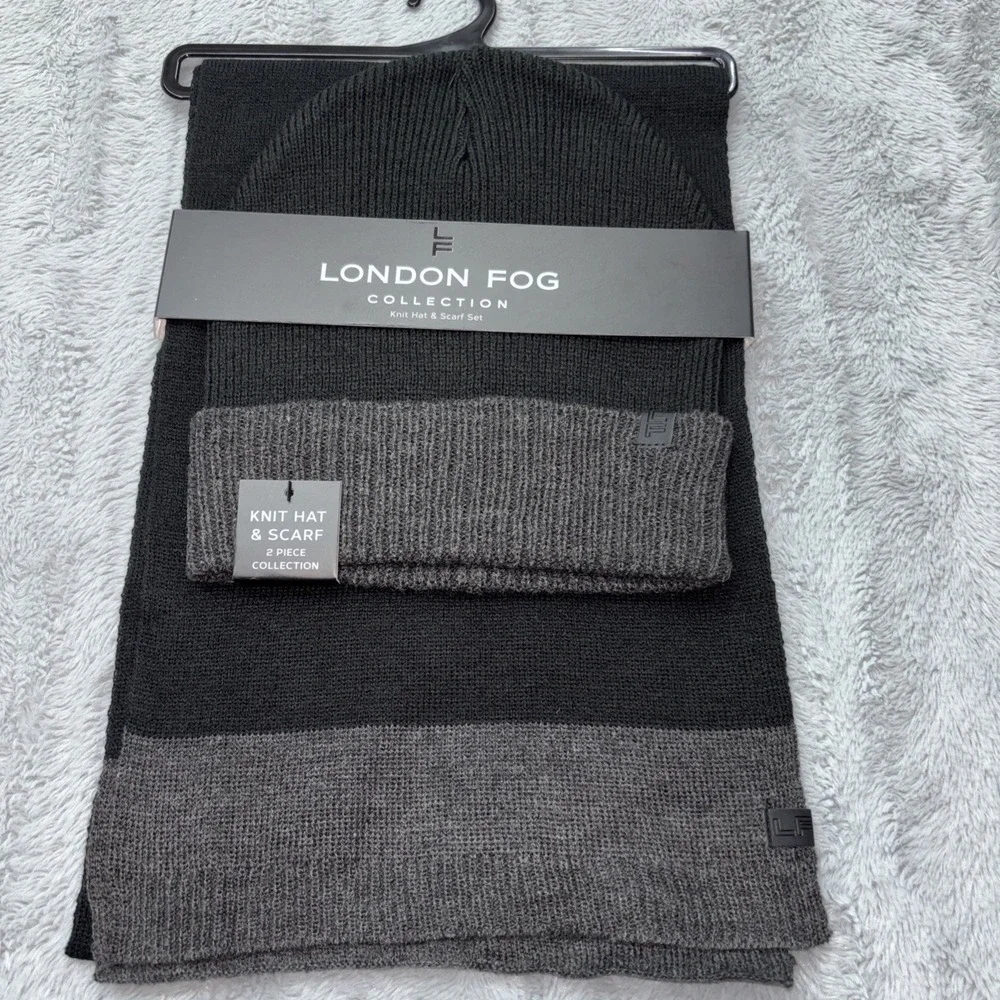 London‎ Fog Knit Hat & Scarf Mens 2 Piece Collection Set in Char Black & Gray